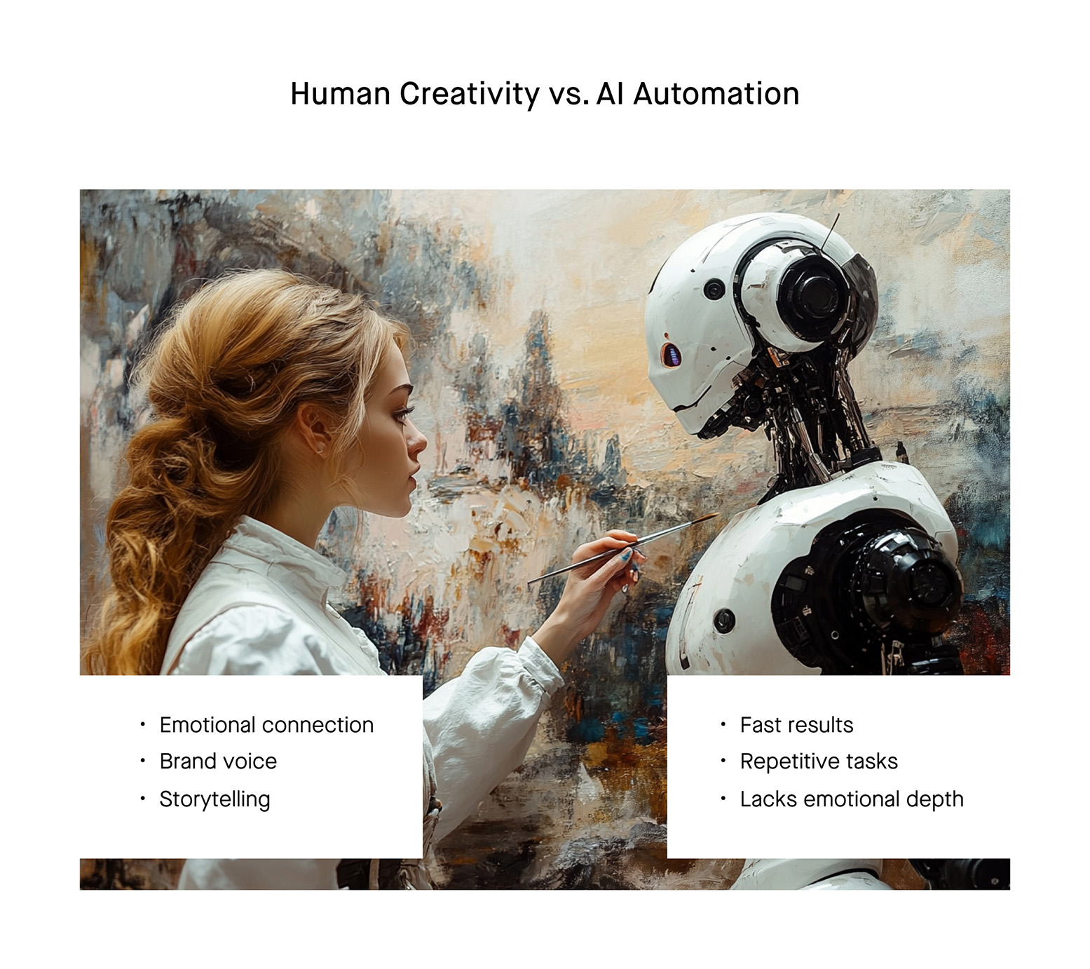 a girl painting a robot while he stares at her, to highlight the significance of human creativity in digital marketing services