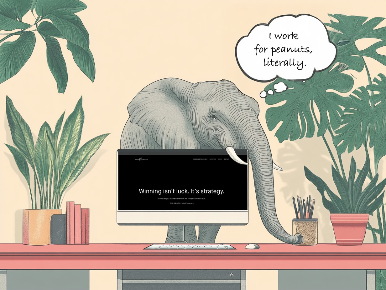 an elephant on a desk behind a computer for a digital marketing company