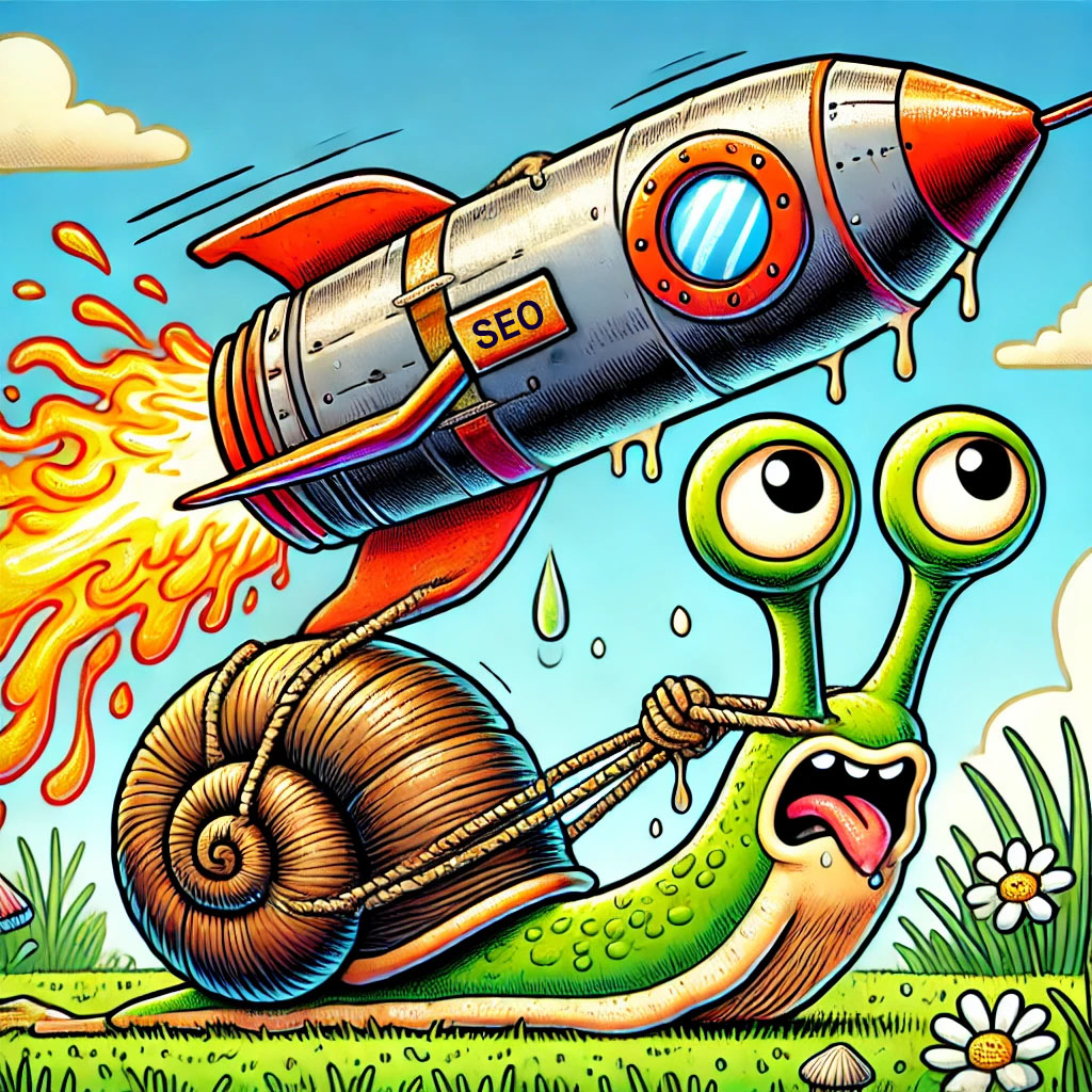 a snail tugging a rocket that depicts the slow growth of SEO, not an overnight success